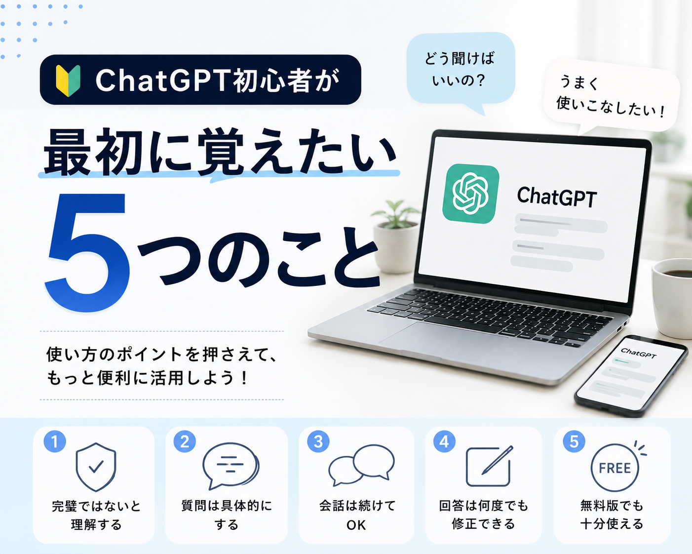 ChatGPT初心者が最初に覚えたい5つのことのアイキャッチ
