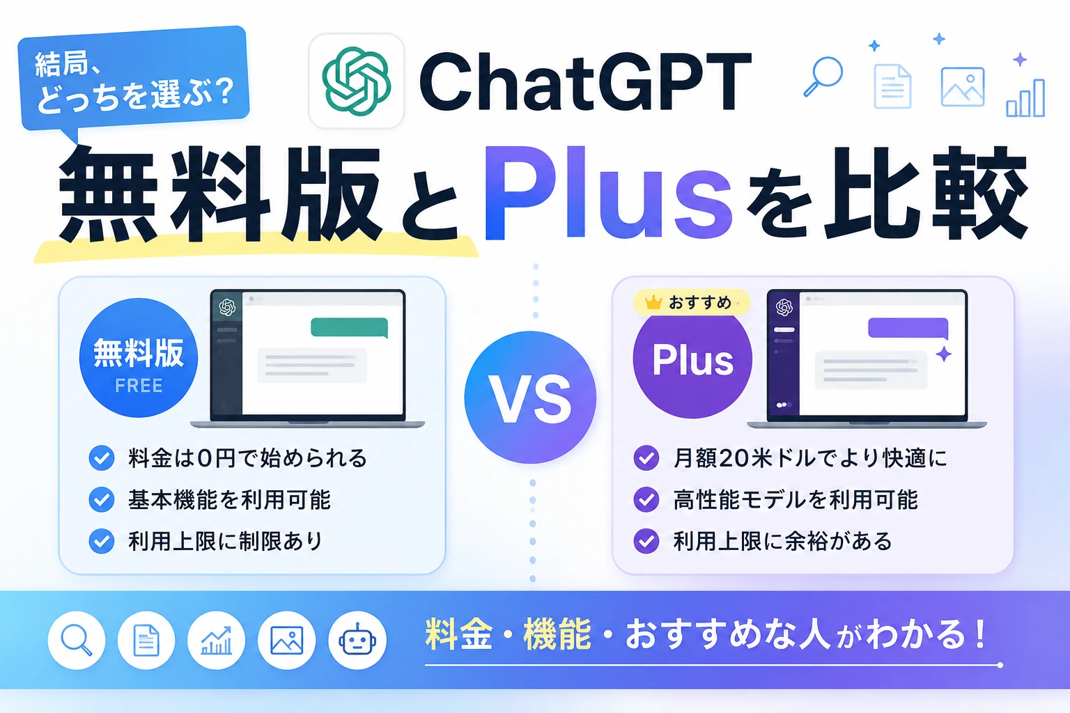 ChatGPT無料版とPlusの違いを比較のアイキャッチ