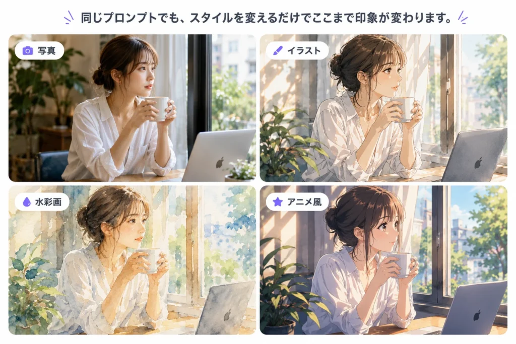 同じ女性の被写体で様々なスタイルで書き出した画像