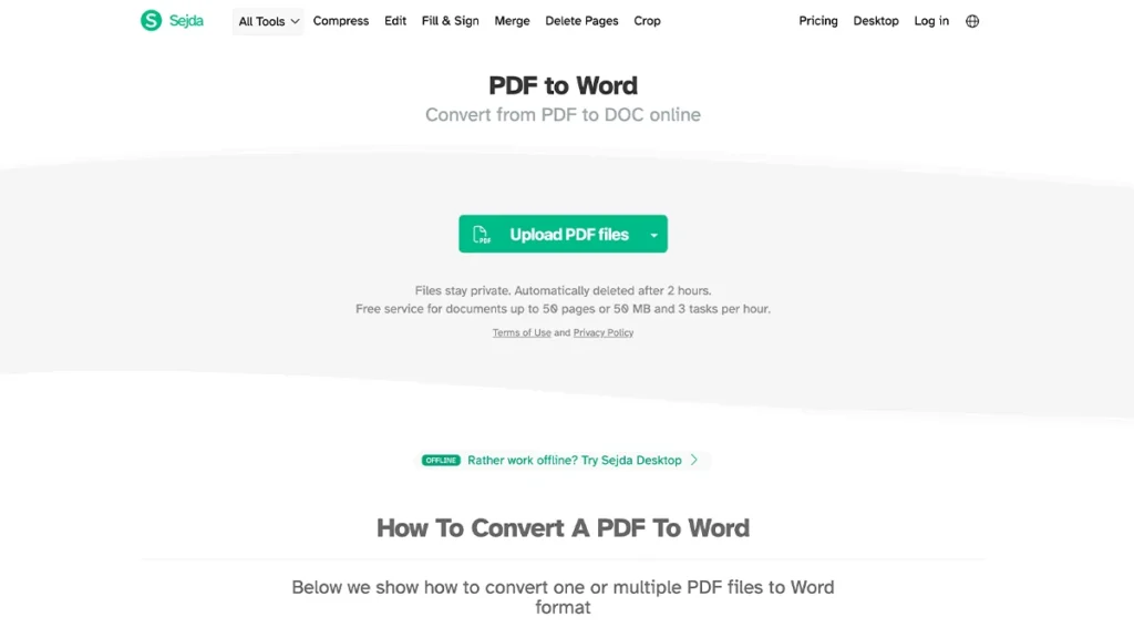 SejdaのPDF変換画面