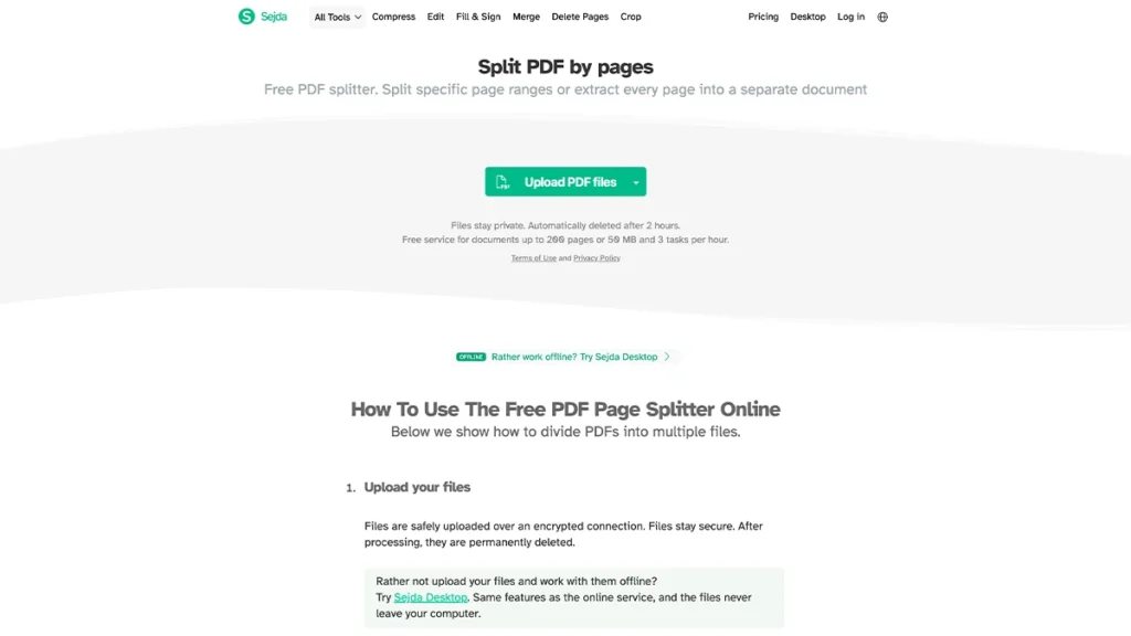 SejdaのPDF分割画面