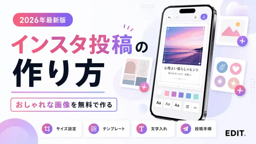 インスタ投稿画像の作り方とサイズ・テンプレート・文字入れ・投稿手順を解説する記事のアイキャッチ