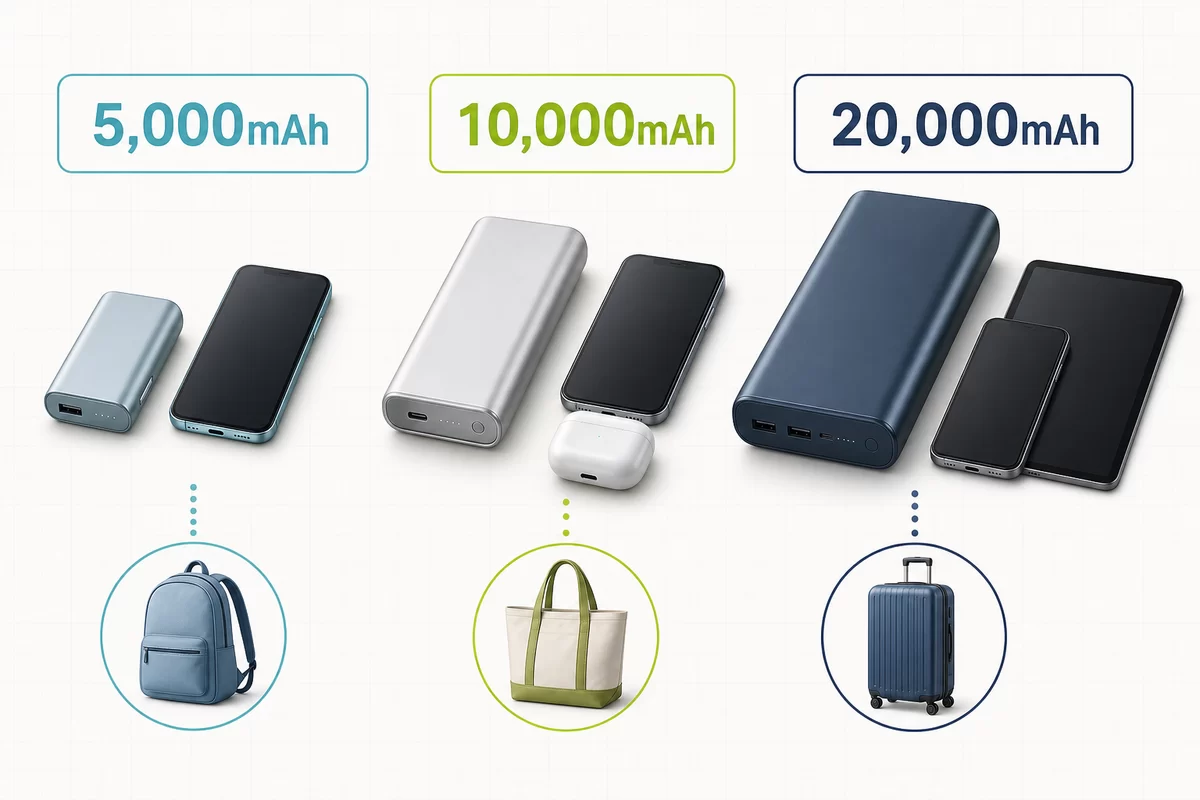 5000mAh、10000mAh、20000mAhのモバイルバッテリーを用途別に比較したイメージ