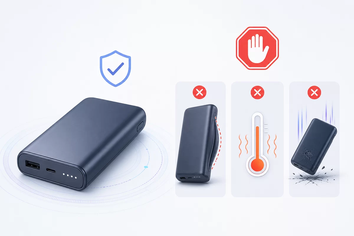 膨張や異常発熱、落下による破損があるモバイルバッテリーの使用を中止するイメージ