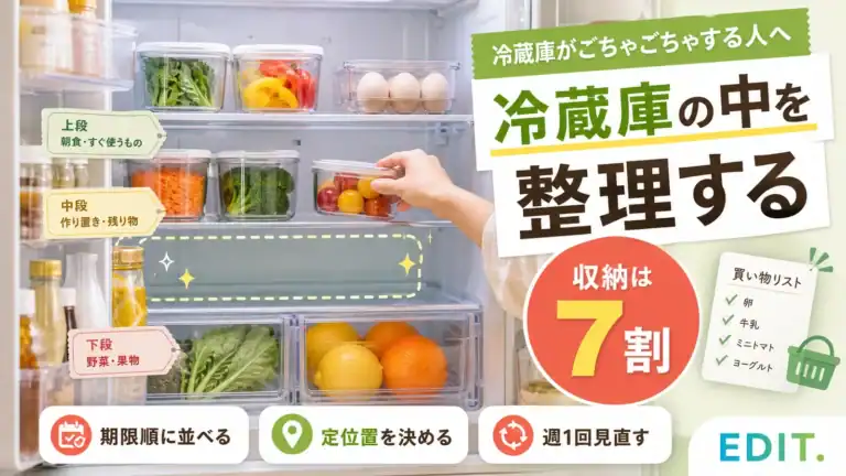 冷蔵庫の中を整理する方法【2026年】食品を見失わない収納のコツ
