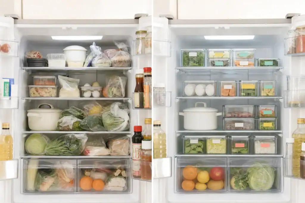 食品が見えにくい冷蔵庫と種類ごとに整理した冷蔵庫の比較