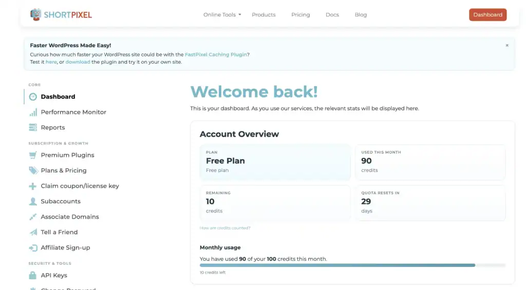 ShortPixel無料プランの使用済みクレジットと残量を確認できるダッシュボード