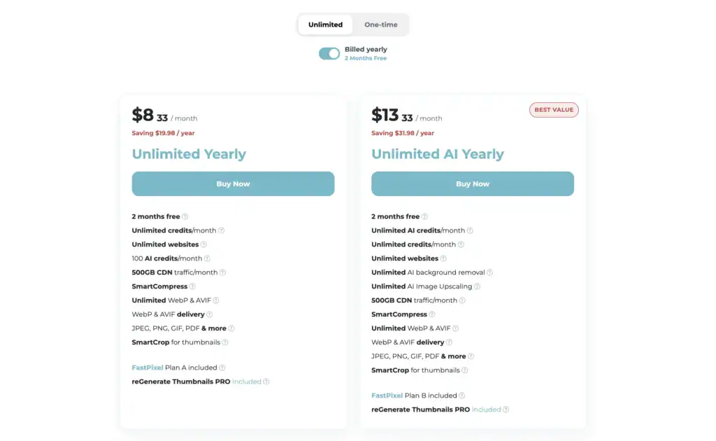 ShortPixel Unlimitedプランの料金と機能を確認する画面