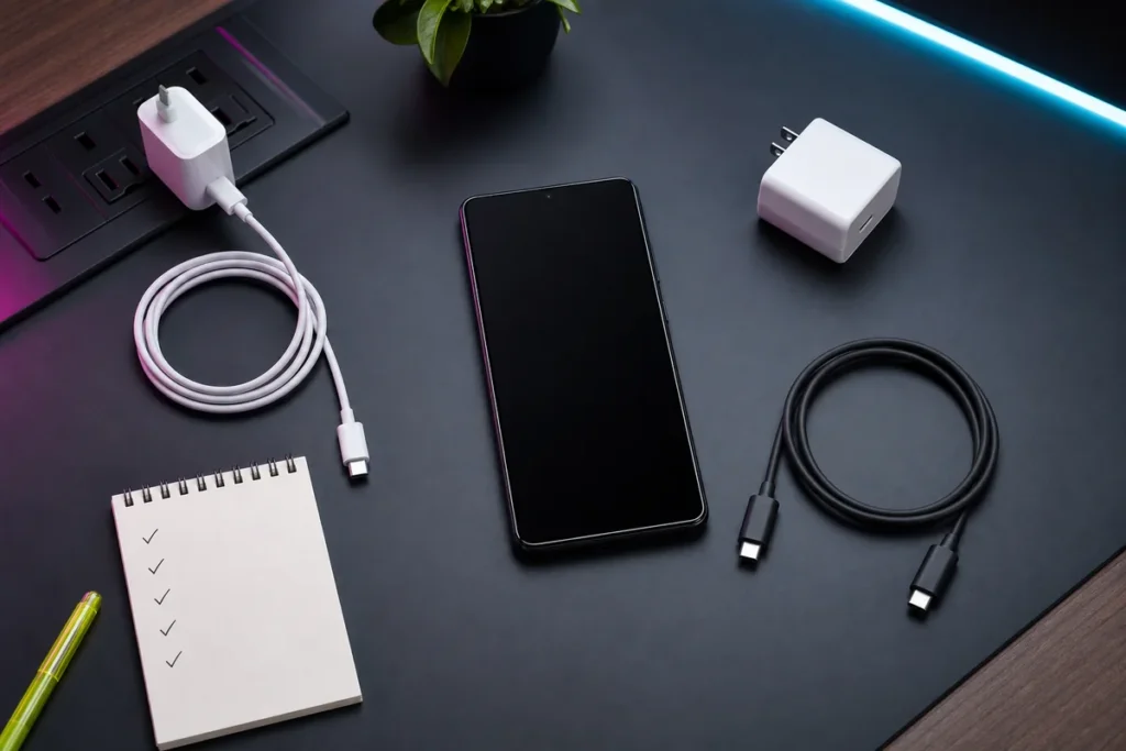 スマートフォンと充電器とUSB-Cケーブルを確認する様子