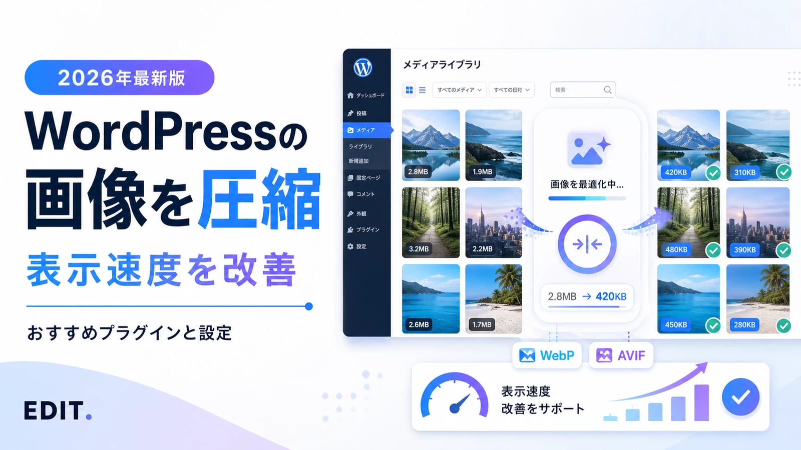 WordPressの画像圧縮方法とおすすめプラグインを解説する記事のアイキャッチ