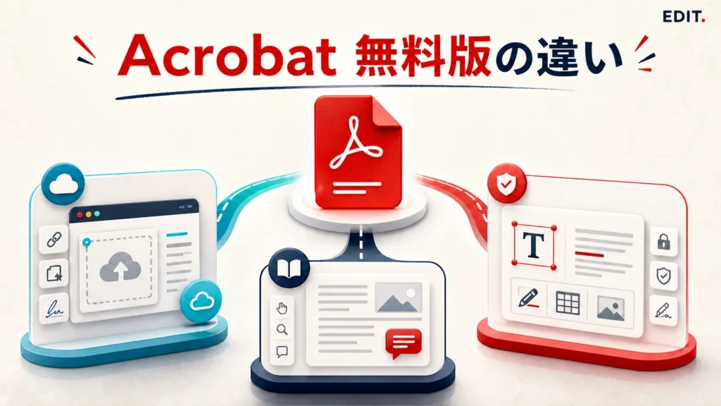 Acrobatの無料オンライン版・Reader・Proの違いを3つの画面で示した図