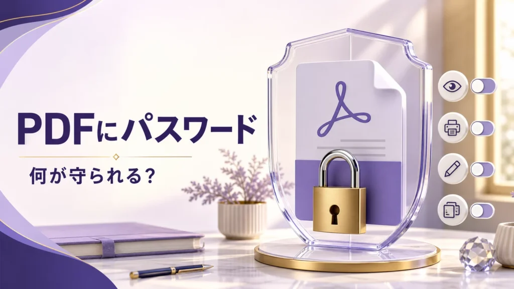 鍵の付いたPDFと閲覧・印刷・編集の保護範囲を示すイメージ