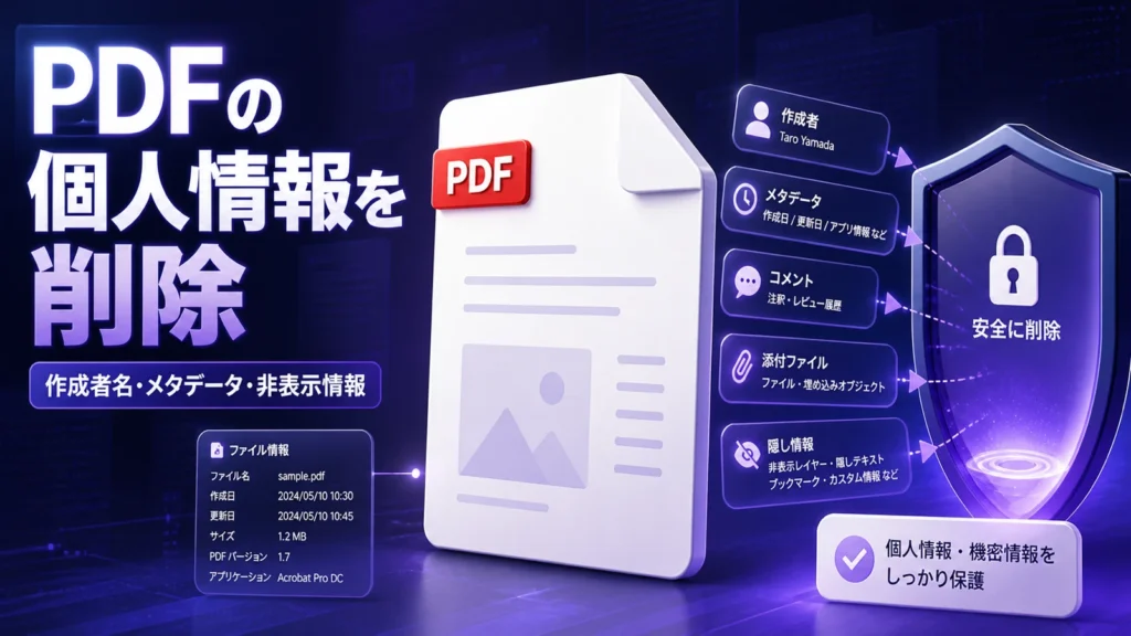 PDFの作成者名やメタデータ、コメント、添付ファイルなどの個人情報を安全に削除するイメージ