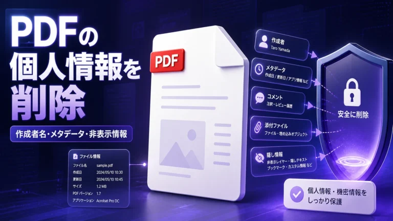 PDFの作成者名やメタデータ、コメント、添付ファイルなどの個人情報を安全に削除するイメージ