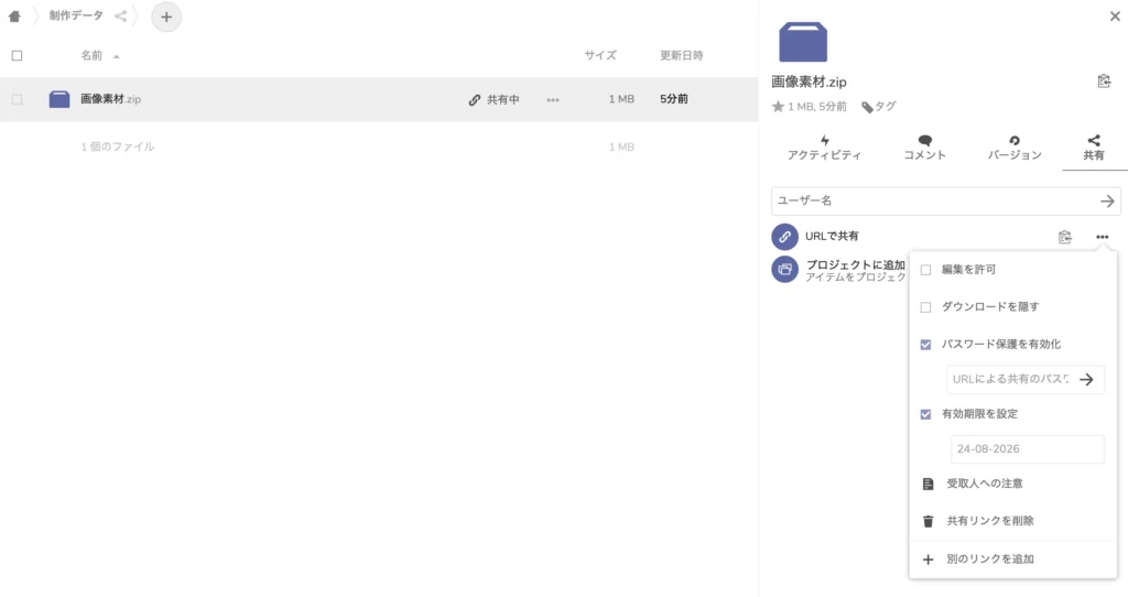 XServerドライブで共有リンクのパスワードと有効期限を設定する画面